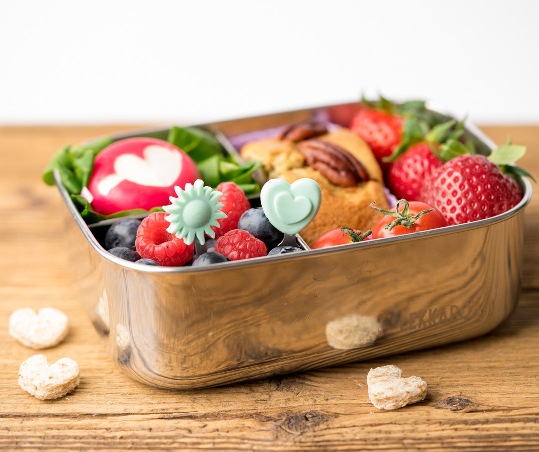 Lekkabox Picks – zestaw widelczyków ze stali nierdzewnej, silikonowe ozdobne końcówki, bezpieczne, wielorazowe, łatwe w czyszczeniu