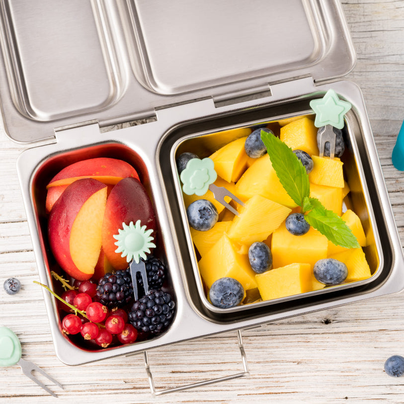 Lekkabox Picks – zestaw widelczyków ze stali nierdzewnej, silikonowe ozdobne końcówki, bezpieczne, wielorazowe, łatwe w czyszczeniu