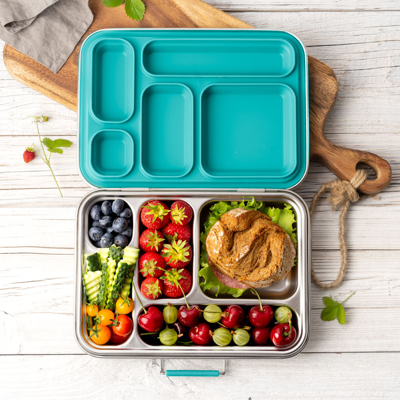 Lekkabox Grande Petrol – stalowy lunchbox 960 ml z 5 szczelnymi przegródkami, idealny do pracy, szkoły i na wycieczki