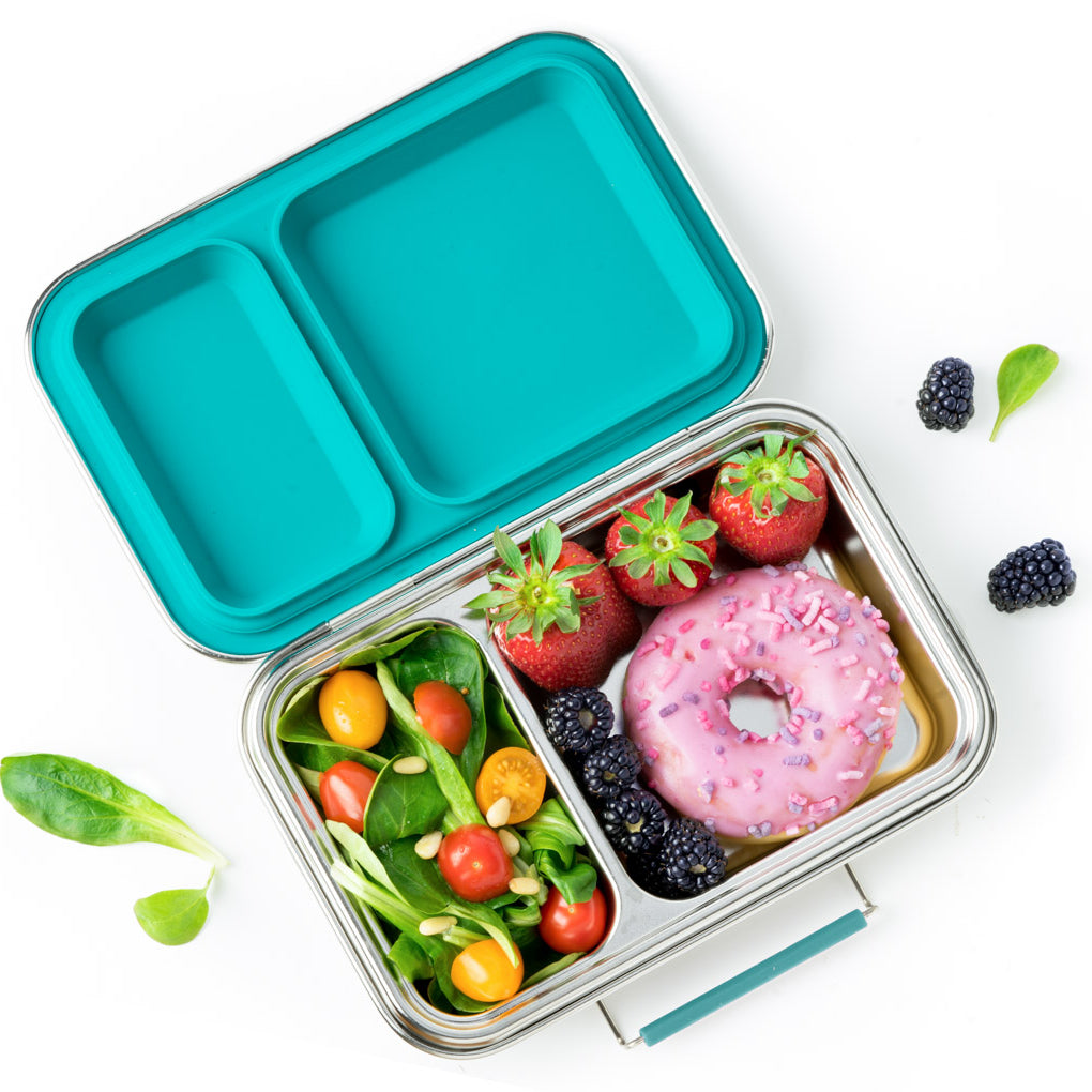 LEKKABOX® Duo Petrol – niebieski lunchbox 750 ml z 2 szczelnymi komorami, stal nierdzewna, kompatybilny z foremkami bento, łatwy w czyszczeniu,