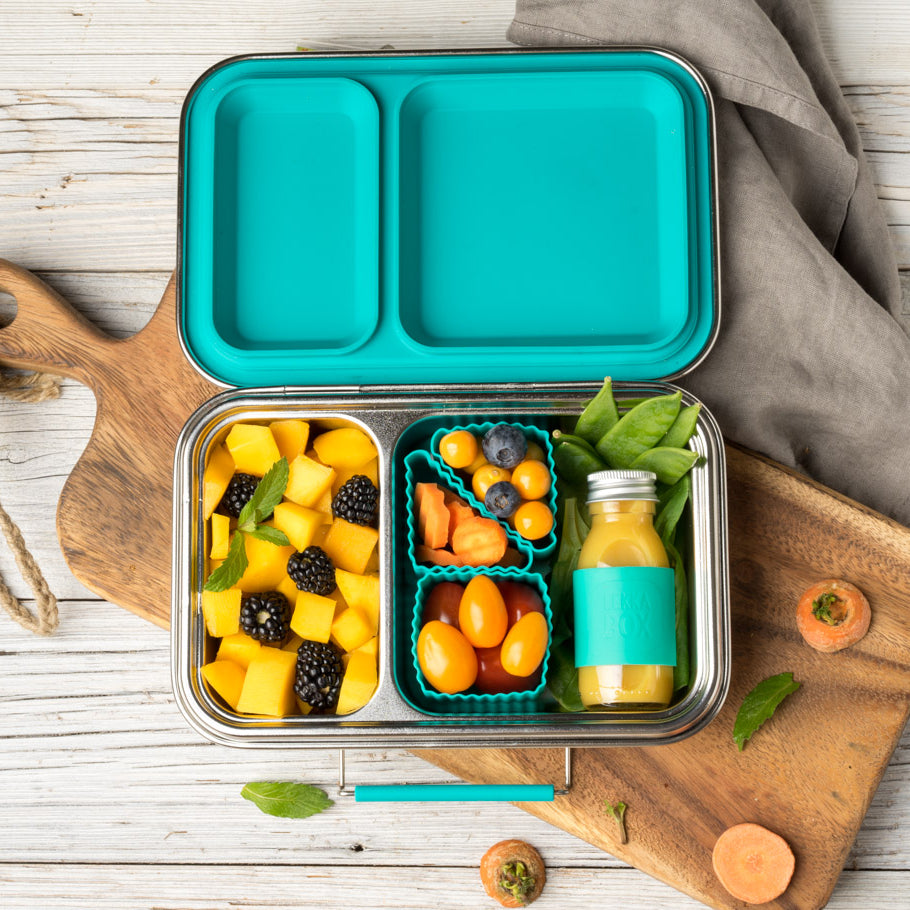 LEKKABOX® Duo Petrol – niebieski lunchbox 750 ml z 2 szczelnymi komorami, stal nierdzewna, kompatybilny z foremkami bento, łatwy w czyszczeniu,