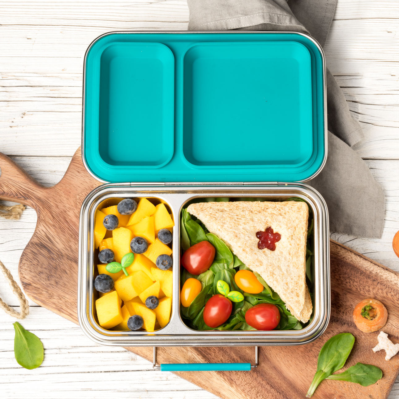 LEKKABOX® Duo Petrol – niebieski lunchbox 750 ml z 2 szczelnymi komorami, stal nierdzewna, kompatybilny z foremkami bento, łatwy w czyszczeniu,