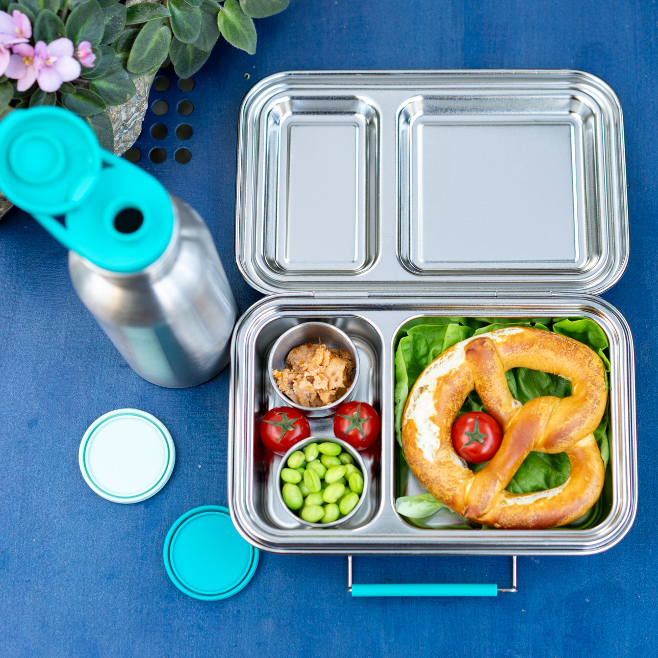 LEKKABOX® Duo Petrol – niebieski lunchbox 750 ml z 2 szczelnymi komorami, stal nierdzewna, kompatybilny z foremkami bento, łatwy w czyszczeniu,