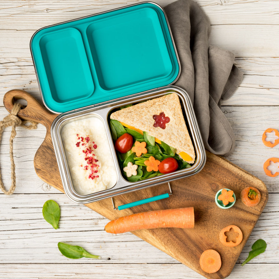 LEKKABOX® Duo Petrol – niebieski lunchbox 750 ml z 2 szczelnymi komorami, stal nierdzewna, kompatybilny z foremkami bento, łatwy w czyszczeniu,