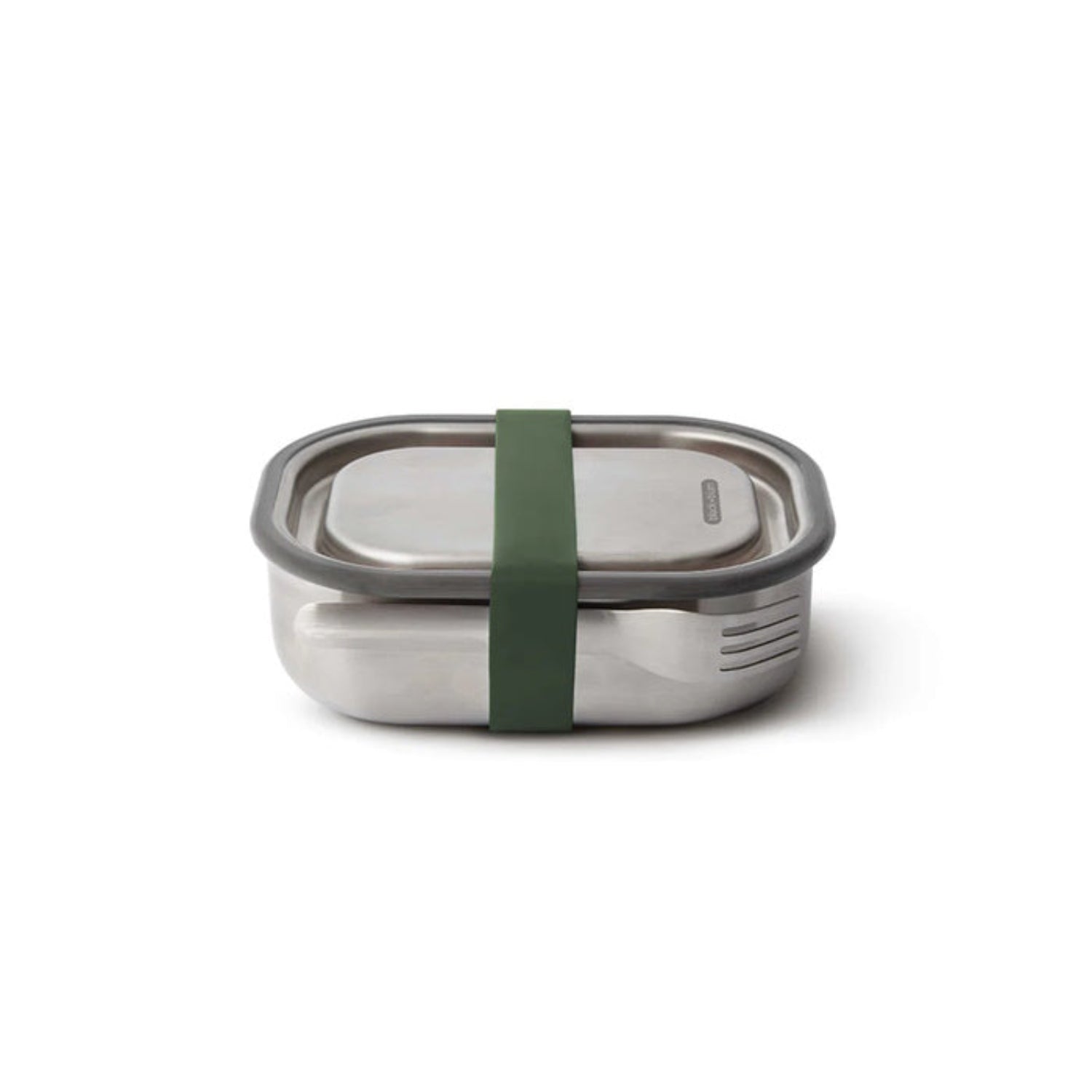 Lunchbox Black+Blum Steel S oliwkowy – szczelny pojemnik z separatorem, widelcem i silikonową opaską. Elegancki, praktyczny i trwały