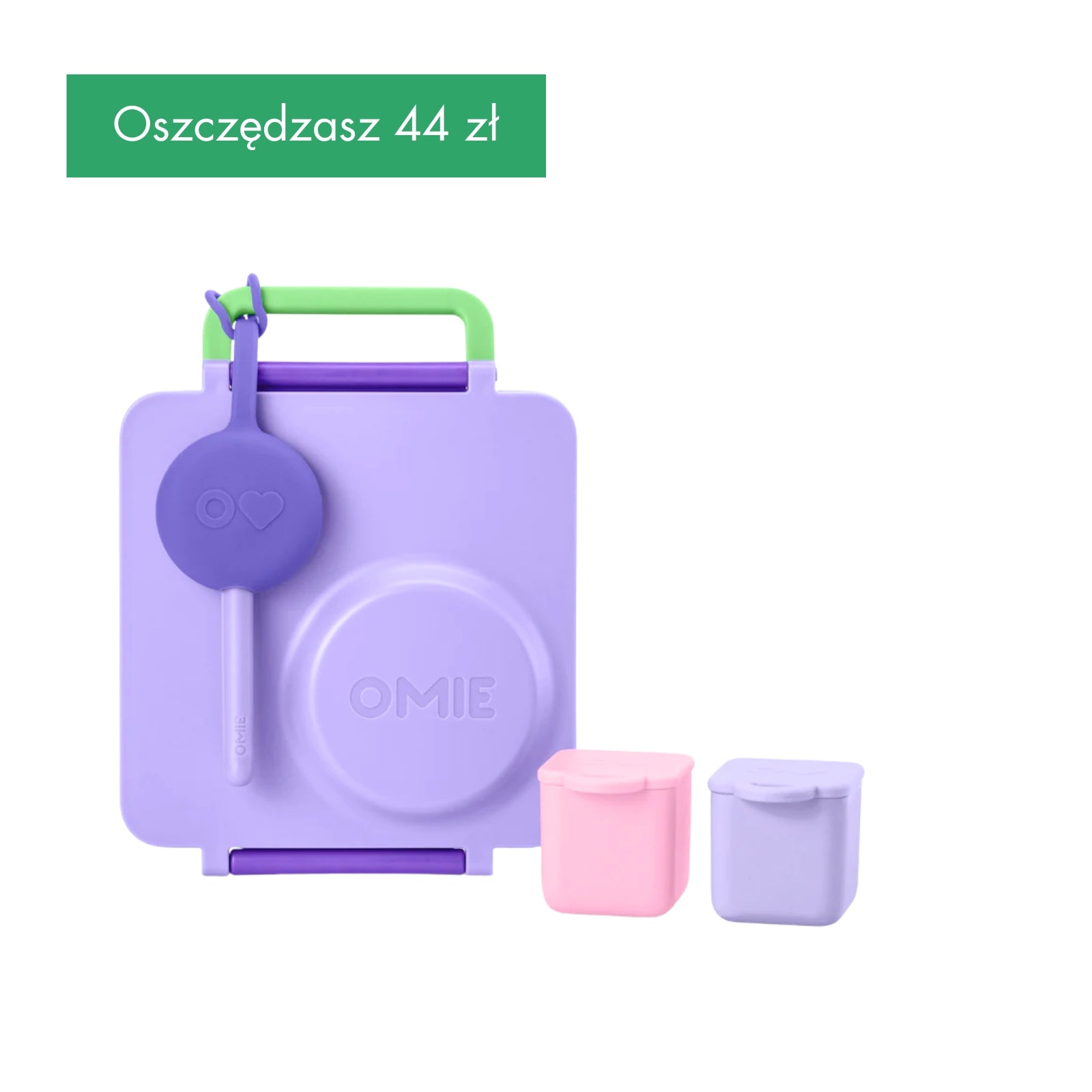 Jasnofioletowy komplet do szkoły OmieBox Starter Set ze śniadaniówką i sztućcami