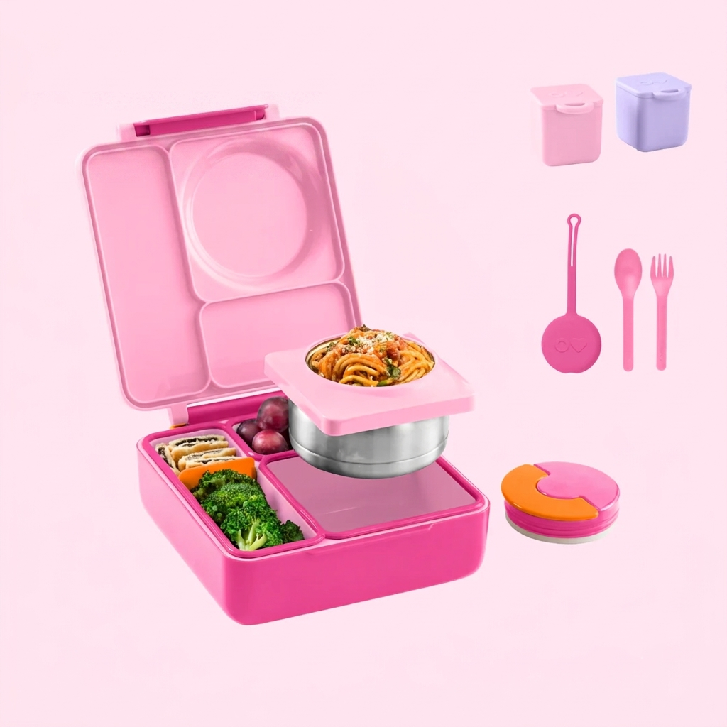 Różowa śniadaniówka dziecięca OmieBox Pixie Pink z etui na sztućce OmiePod