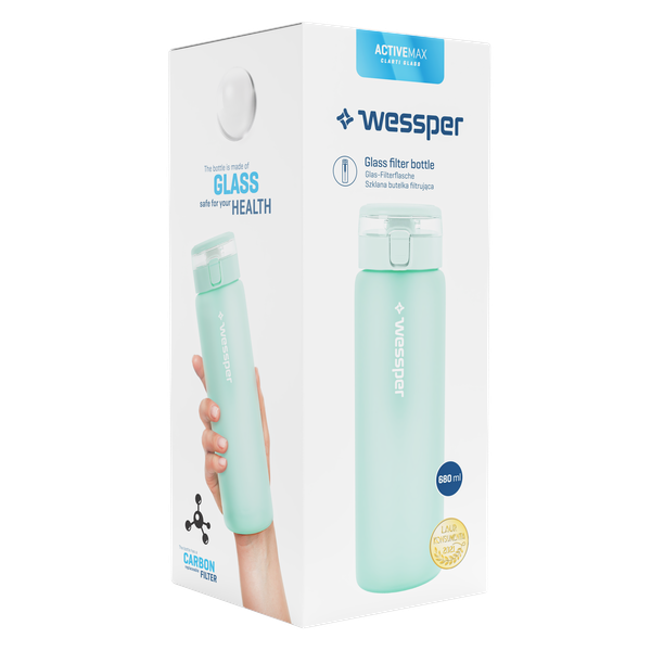 Wessper ActiveMax Glass 680 ml Mint – szklana butelka filtrująca, filtr węglowy, szkło borokrzemowe, ekologiczna, stylowa, bez BPA, kolor: zielona