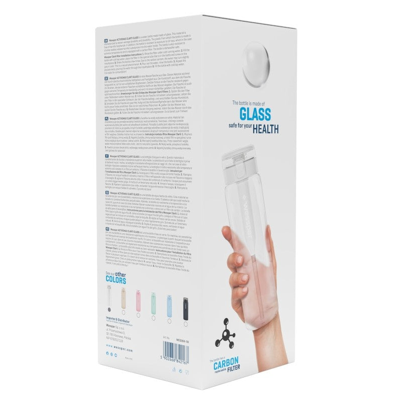 Wessper ActiveMax Glass 680 ml Transparent – szklana butelka filtrująca, filtr węglowy, szkło borokrzemowe, ekologiczna, stylowa, bez BPA, kolor: przezroczysta
