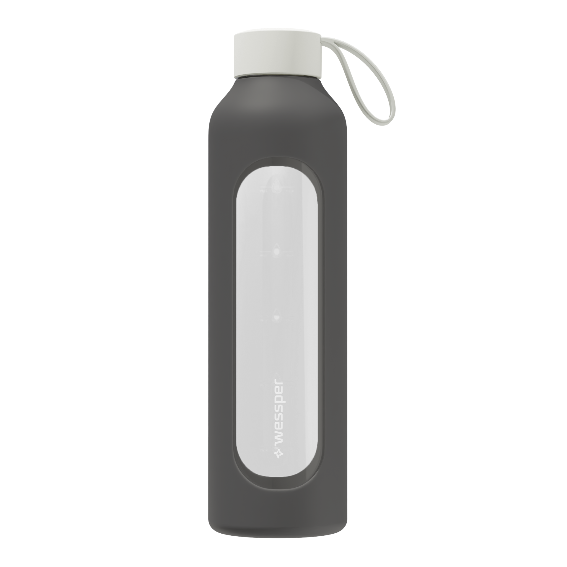 Wessper Borosilicate Cool Grey – szara, szklana butelka motywacyjna 1 l. Szkło borokrzemowe, silikonowe etui, szczelna zakrętka, miarka godzinowa, bez BPA, do zimnych i gorących napojów.