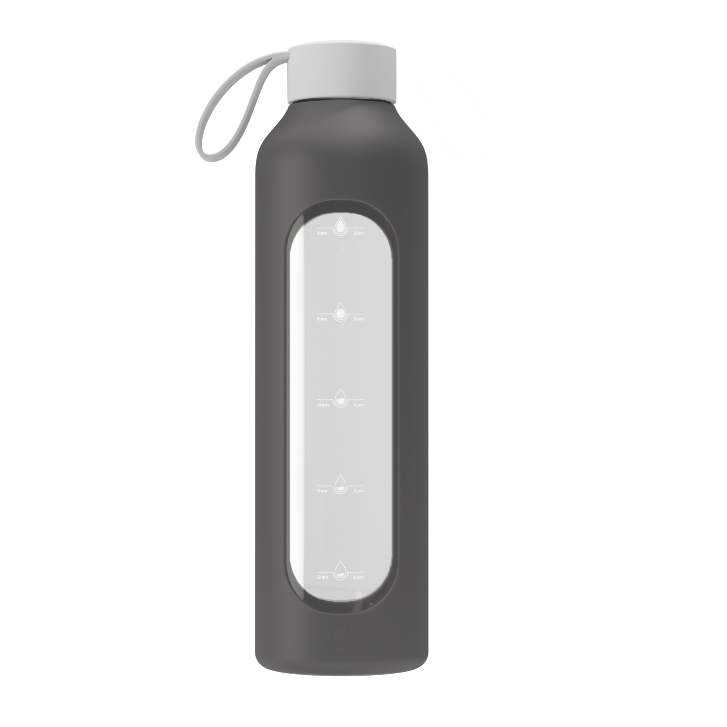 Wessper Borosilicate Cool Grey – szara, szklana butelka motywacyjna 1 l. Szkło borokrzemowe, silikonowe etui, szczelna zakrętka, miarka godzinowa, bez BPA, do zimnych i gorących napojów.