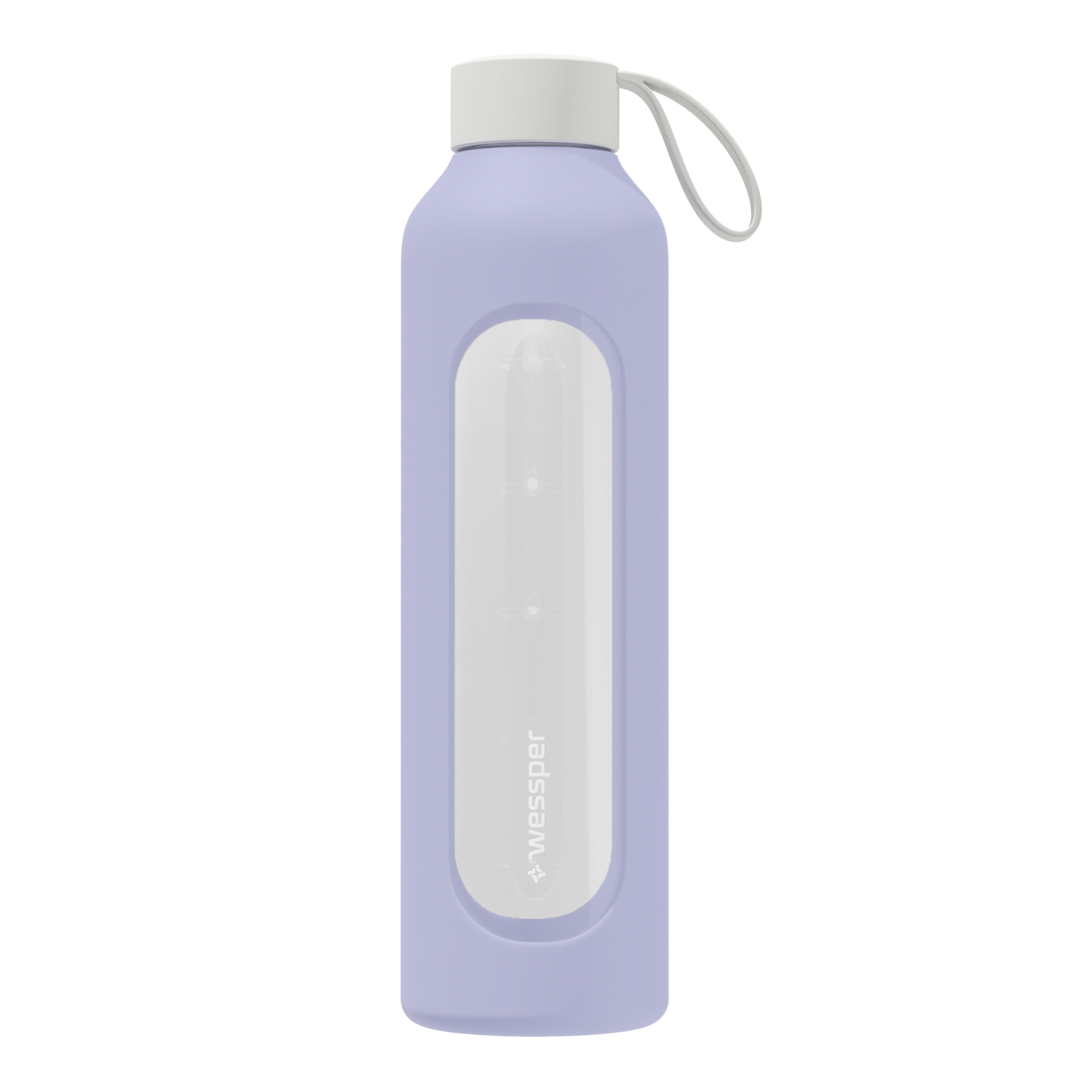 Wessper Borosilicate Lavender– fioletowa, szklana butelka motywacyjna 1 l. Szkło borokrzemowe, silikonowe etui, szczelna zakrętka, miarka godzinowa, bez BPA, do zimnych i gorących napojów.