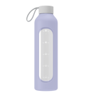 Wessper Borosilicate Lavender– fioletowa, szklana butelka motywacyjna 1 l. Szkło borokrzemowe, silikonowe etui, szczelna zakrętka, miarka godzinowa, bez BPA, do zimnych i gorących napojów.