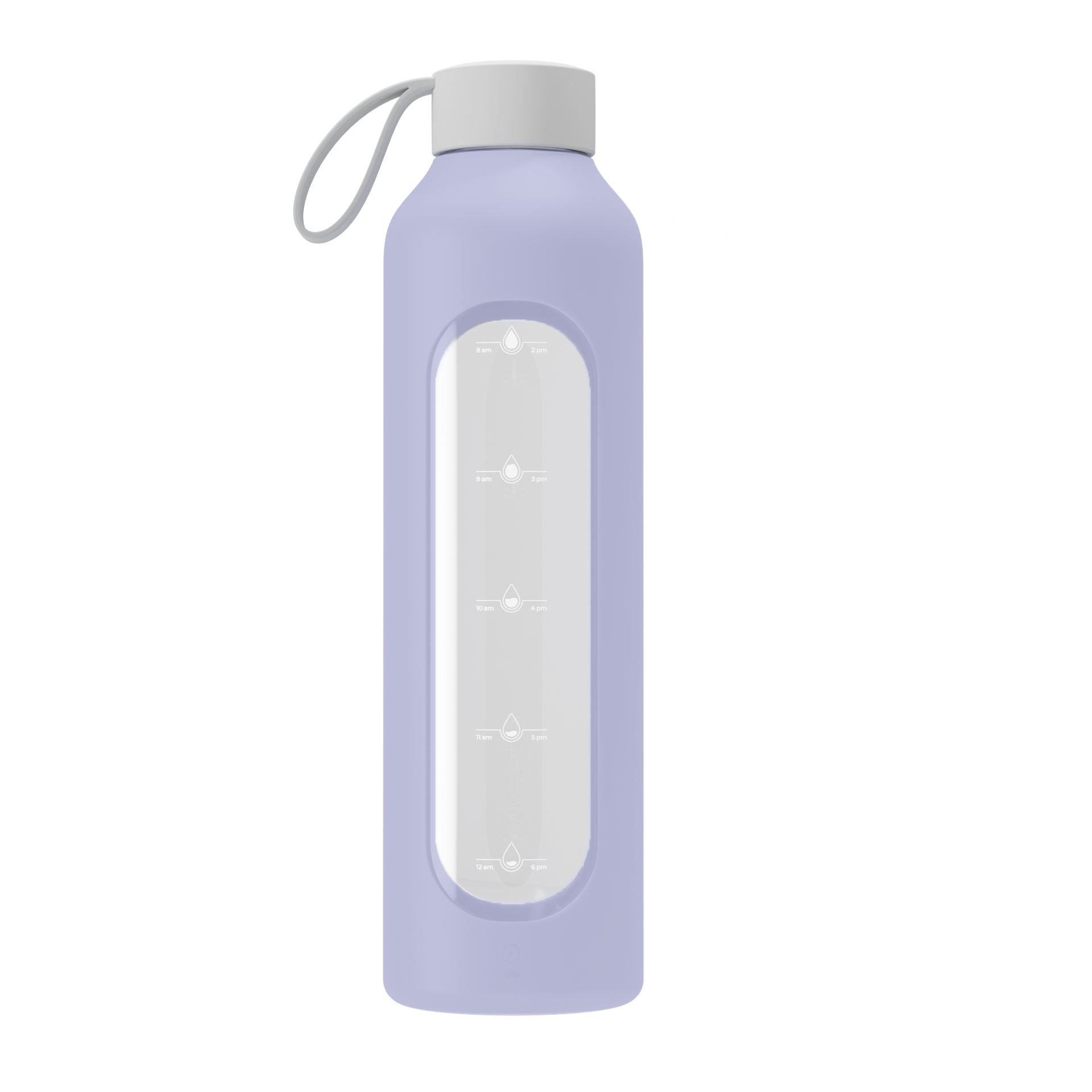 Wessper Borosilicate Lavender– fioletowa, szklana butelka motywacyjna 1 l. Szkło borokrzemowe, silikonowe etui, szczelna zakrętka, miarka godzinowa, bez BPA, do zimnych i gorących napojów.