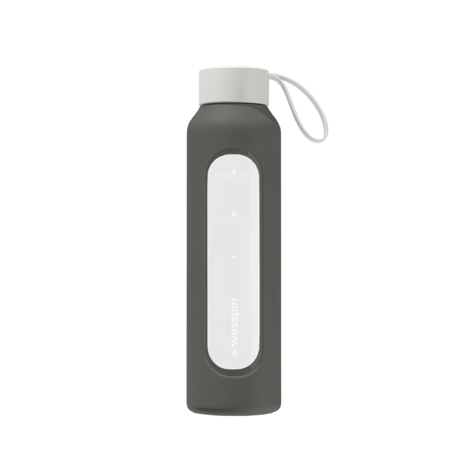 Wessper Borosilicate Cool Grey – szara, szklana butelka motywacyjna 500 ml. Szkło borokrzemowe, silikonowe etui, szczelna zakrętka, miarka godzinowa, bez BPA, do zimnych i gorących napojów.
