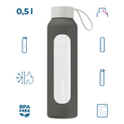 Wessper Borosilicate Cool Grey – szara, szklana butelka motywacyjna 500 ml. Szkło borokrzemowe, silikonowe etui, szczelna zakrętka, miarka godzinowa, bez BPA, do zimnych i gorących napojów.