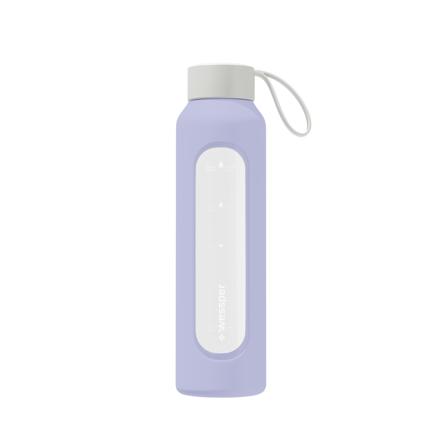 Wessper Borosilicate Lavender – fioletowa, szklana butelka motywacyjna 500 ml. Szkło borokrzemowe, silikonowe etui, szczelna zakrętka, miarka godzinowa, bez BPA, do zimnych i gorących napojów.