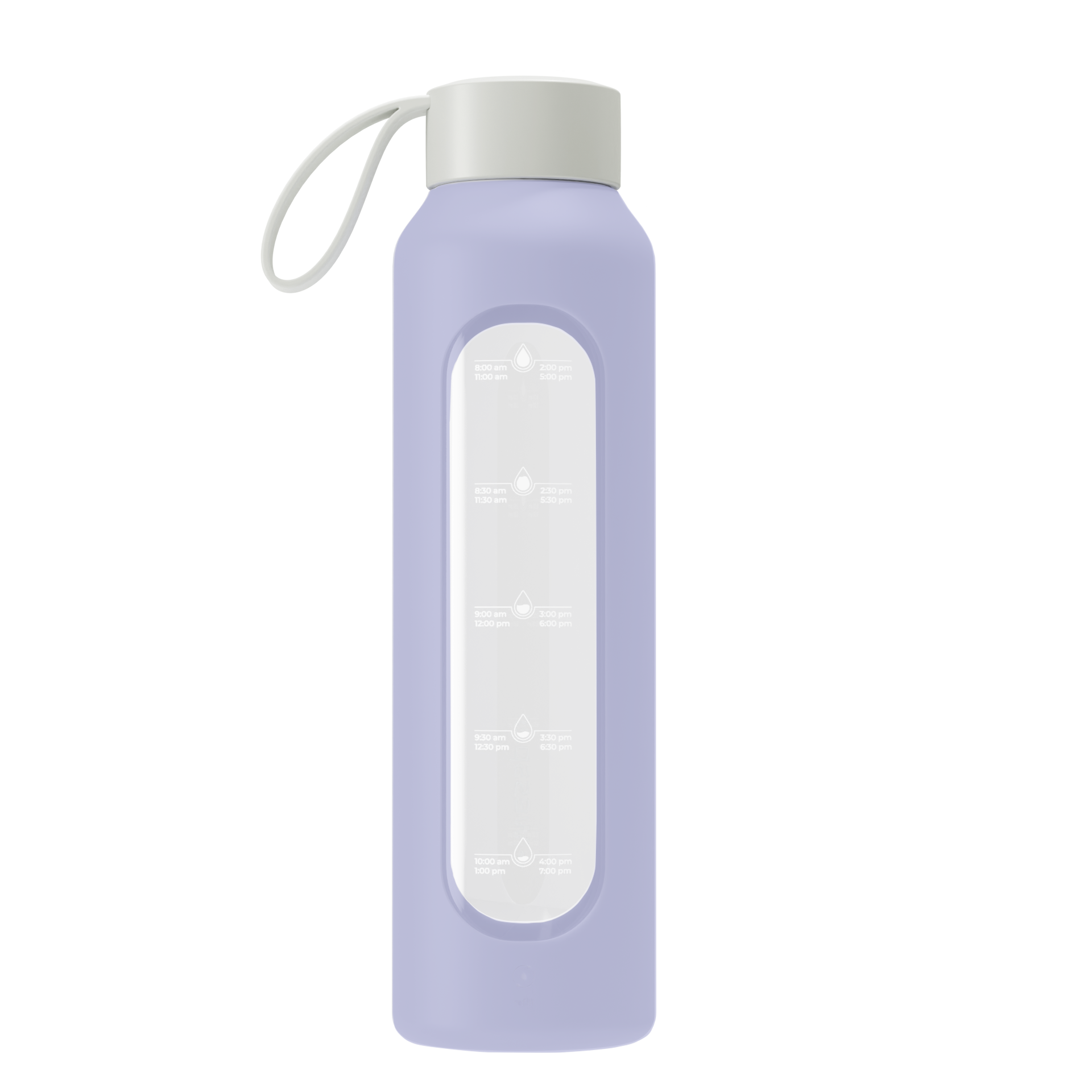 Wessper Borosilicate Lavender – fioletowa, szklana butelka motywacyjna 500 ml. Szkło borokrzemowe, silikonowe etui, szczelna zakrętka, miarka godzinowa, bez BPA, do zimnych i gorących napojów.