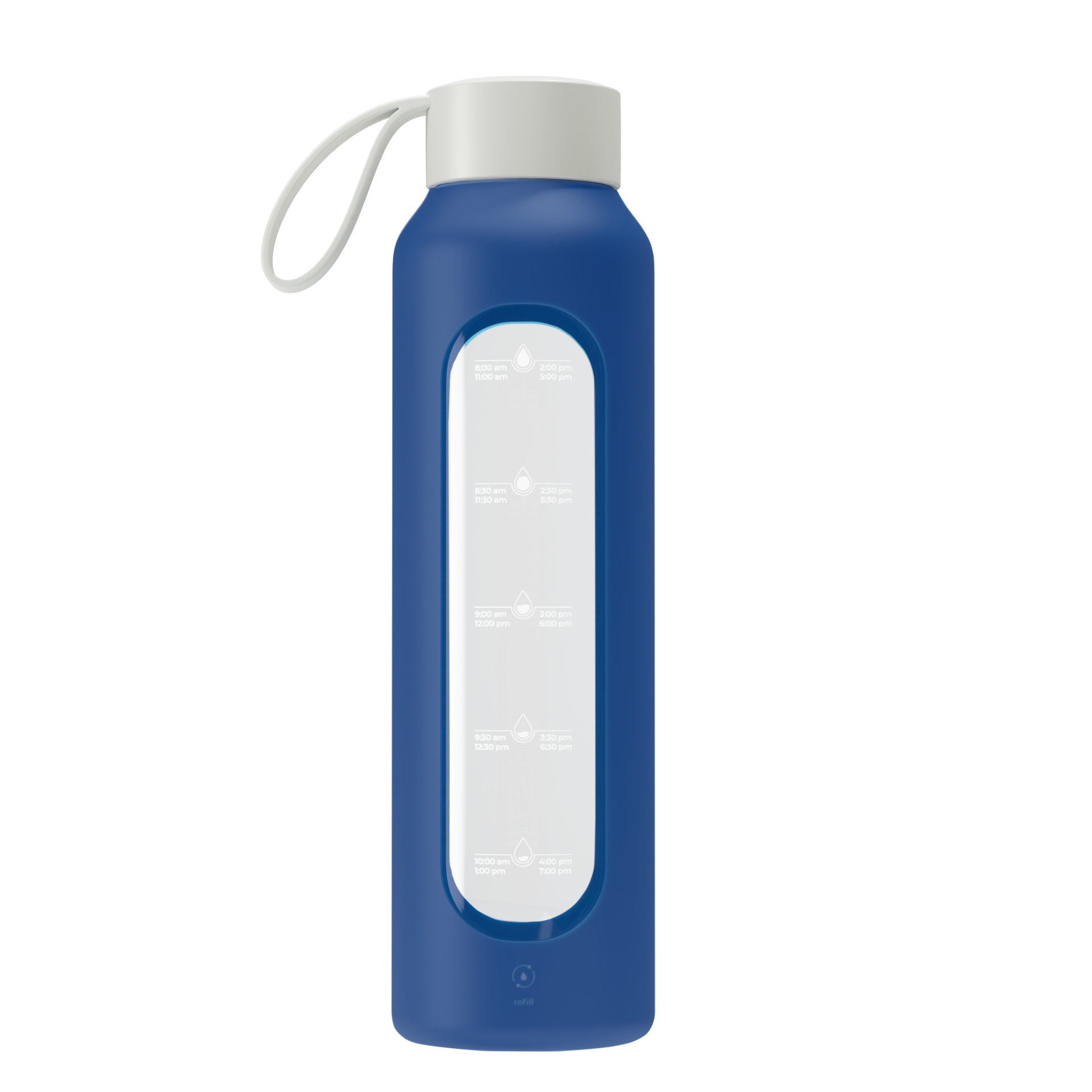 Wessper Borosilicate Navy Blue – niebieska, szklana butelka motywacyjna 500 ml. Szkło borokrzemowe, silikonowe etui, szczelna zakrętka, miarka godzinowa, bez BPA, do zimnych i gorących napojów.