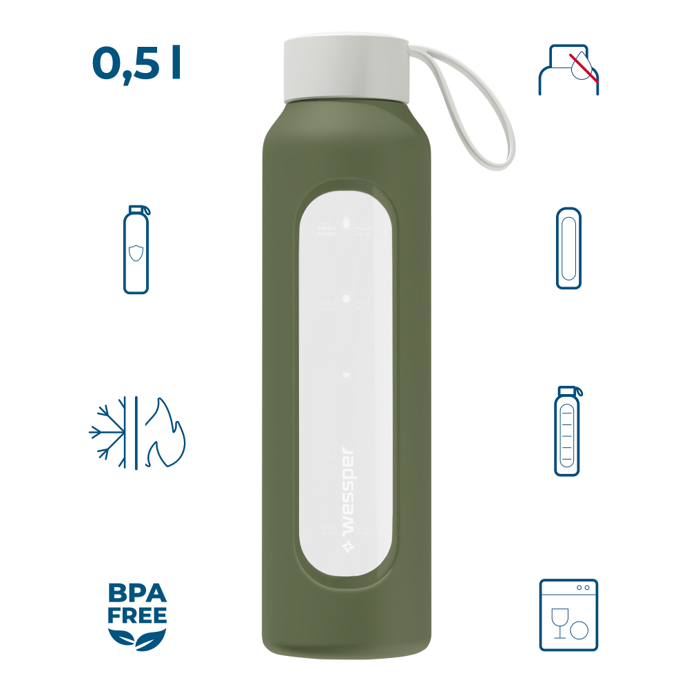 Wessper Borosilicate Olive – zielona, szklana butelka motywacyjna 500 ml. Szkło borokrzemowe, silikonowe etui, szczelna zakrętka, miarka godzinowa, bez BPA, do zimnych i gorących napojów.