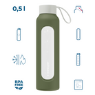 Wessper Borosilicate Olive – zielona, szklana butelka motywacyjna 500 ml. Szkło borokrzemowe, silikonowe etui, szczelna zakrętka, miarka godzinowa, bez BPA, do zimnych i gorących napojów.