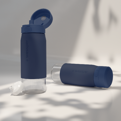 Wessper Actitex™ Glass 500 ml Blue – szklana butelka filtrująca ze szkła borokrzemowego, filtr Actitex™, bez BPA, ekologiczna i szczelna, kolor: niebieska