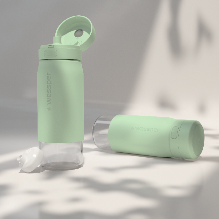 Wessper Actitex™ Glass 500 ml Mint– szklana butelka filtrująca ze szkła borokrzemowego, filtr Actitex™, bez BPA, ekologiczna i szczelna, kolor: zielona