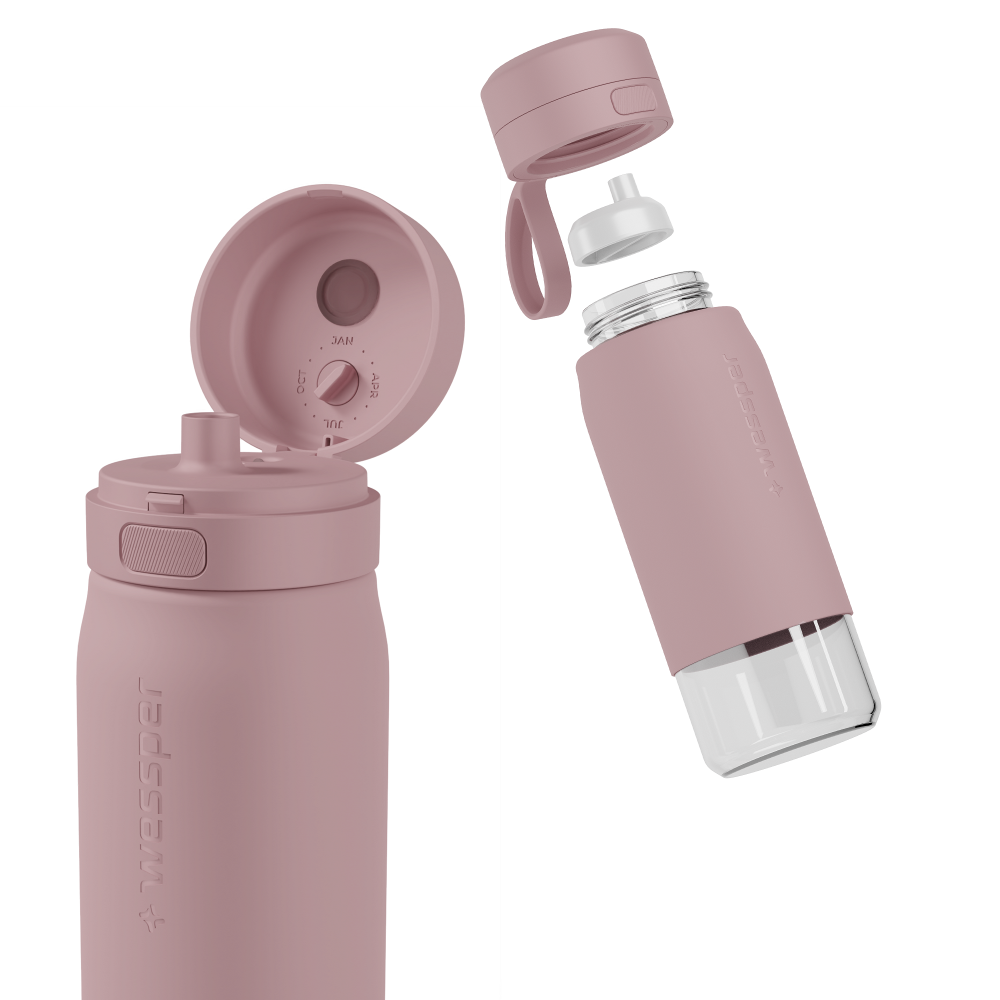 Wessper Actitex™ Glass 500 ml Pink – szklana butelka filtrująca ze szkła borokrzemowego, filtr Actitex™, bez BPA, ekologiczna i szczelna, kolor: różowa