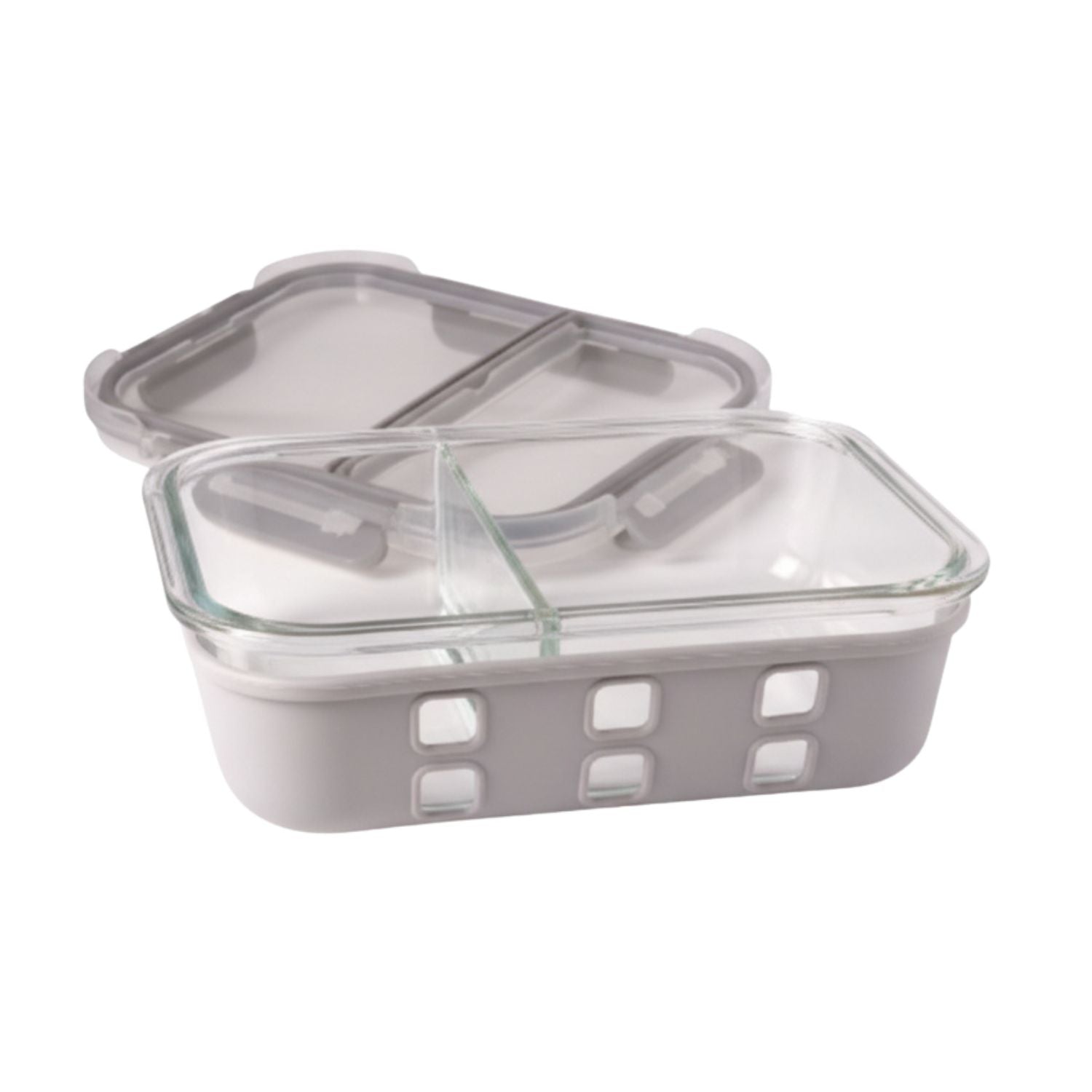 LEKKABOX Prep – szklany lunchbox z 2 przegródkami, szczelna pokrywka z klipsami, silikonowa uszczelka, odporny na mikrofalę i zmywarkę
