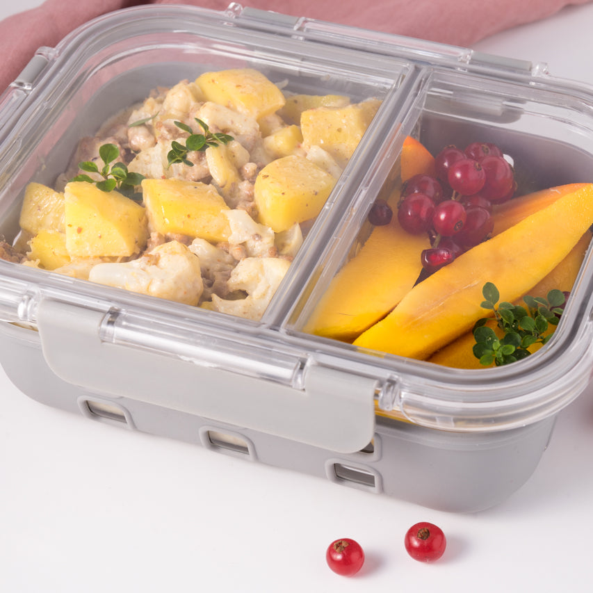 LEKKABOX Prep – szklany lunchbox z 2 przegródkami, szczelna pokrywka z klipsami, silikonowa uszczelka, odporny na mikrofalę i zmywarkę