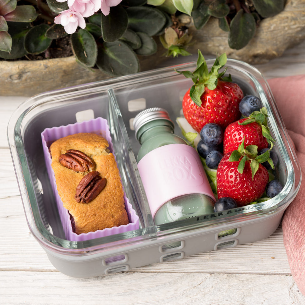 LEKKABOX Prep – szklany lunchbox z 2 przegródkami, szczelna pokrywka z klipsami, silikonowa uszczelka, odporny na mikrofalę i zmywarkę