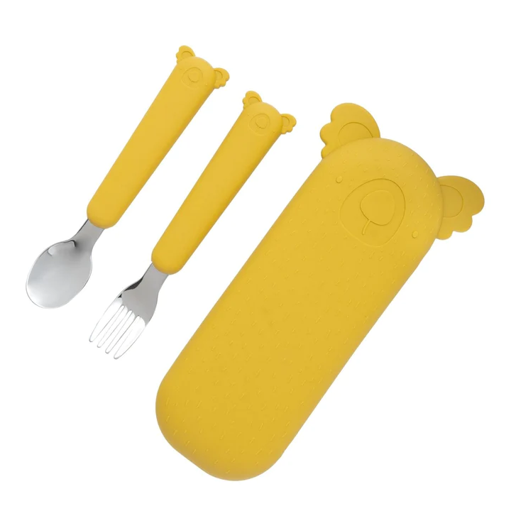 Kolorowy zestaw sztućców The Cotton Cloud ze stali nierdzewnej z silikonowym etui – idealny do przedszkola, szkoły i na wycieczkę, wzór/kolor: koala/żółty