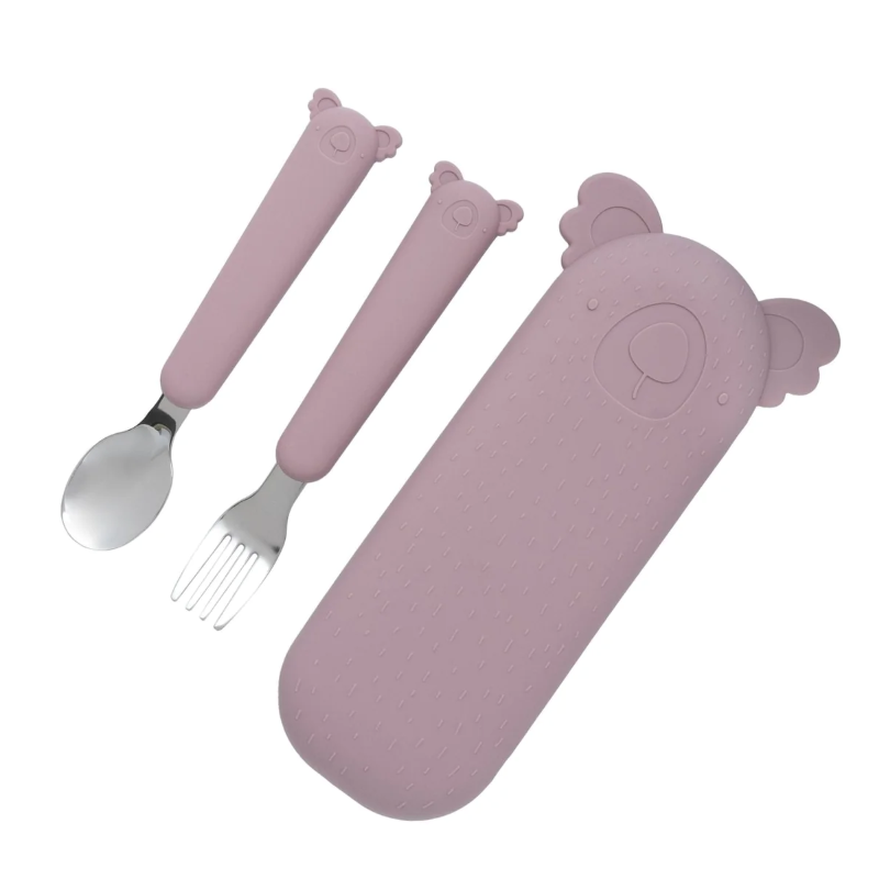 Kolorowy zestaw sztućców The Cotton Cloud ze stali nierdzewnej z silikonowym etui – idealny do przedszkola, szkoły i na wycieczkę, wzór/kolor: koala/różowy
