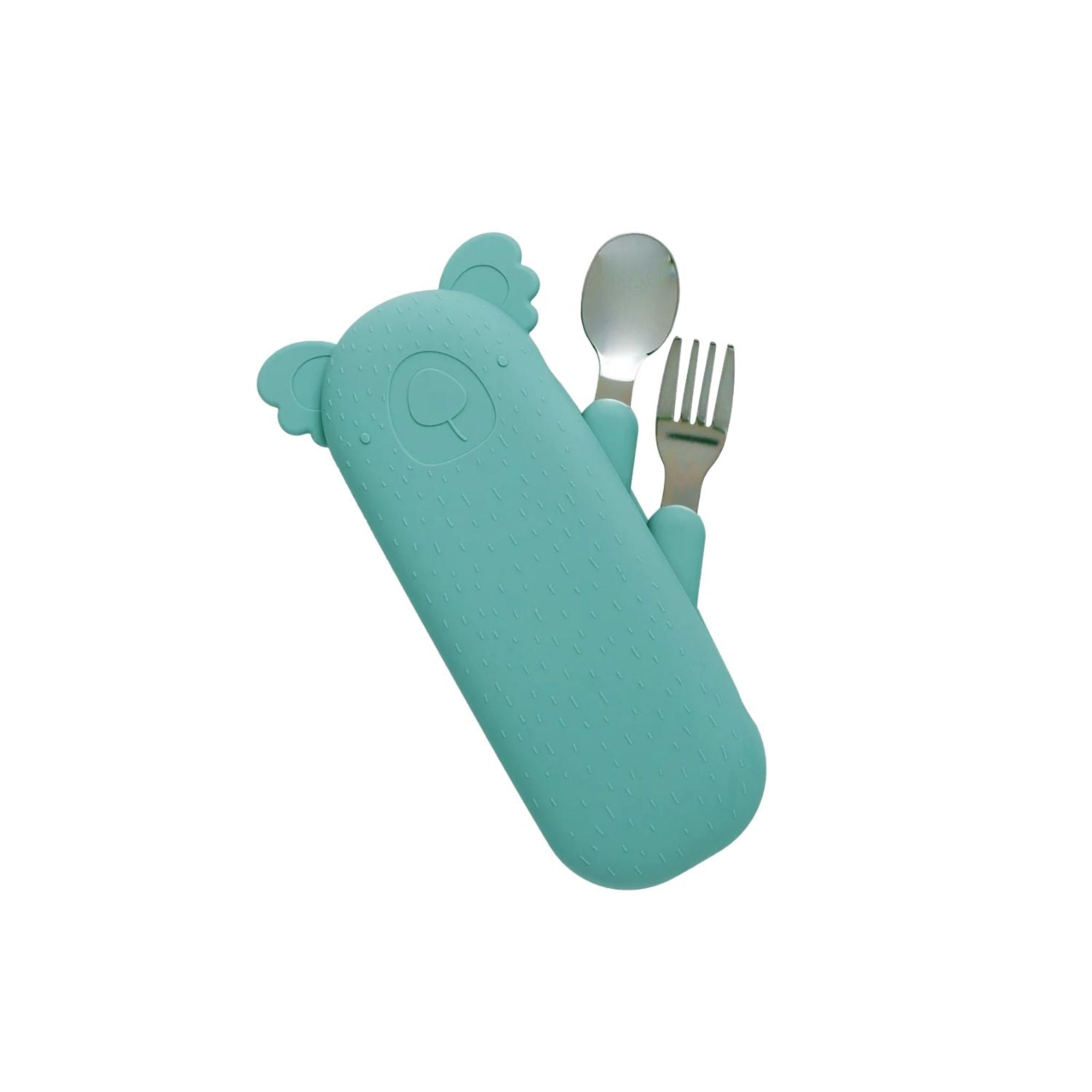 Kolorowy zestaw sztućców The Cotton Cloud ze stali nierdzewnej z silikonowym etui – idealny do przedszkola, szkoły i na wycieczkę, wzór/kolor: koala/zielony