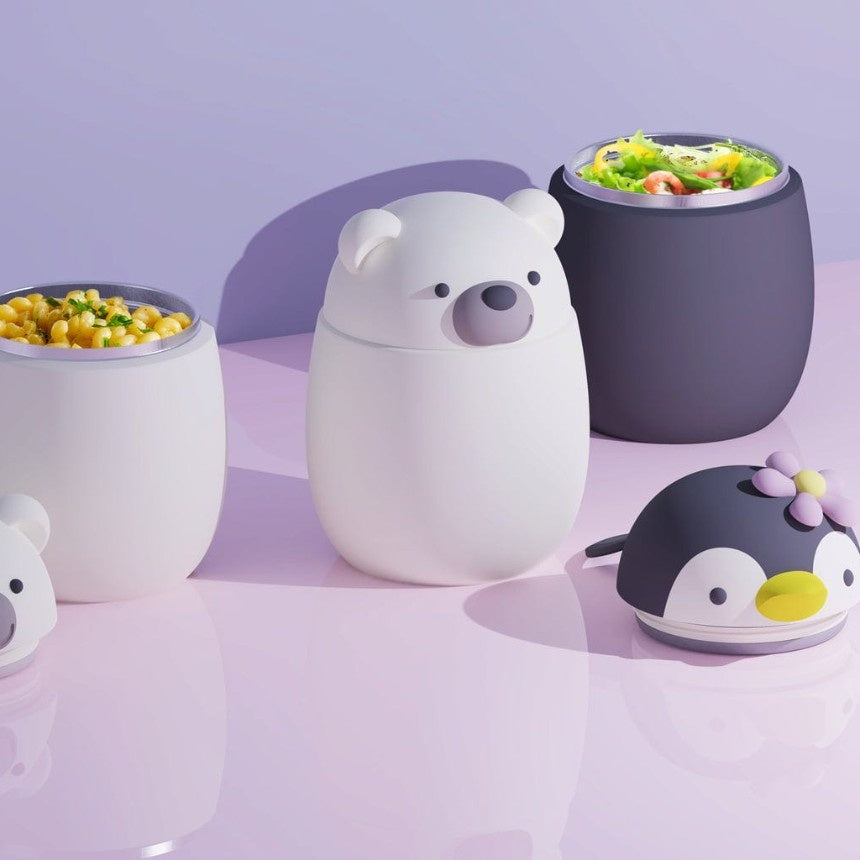 Asobu Bestie Foodie Bear - termos obiadowy dla dzieci, 300 ml, stal nierdzewna, ergonomiczny kształt, odporny na zarysowania, zabawny kształt niedźwiedzia, kolor: biały