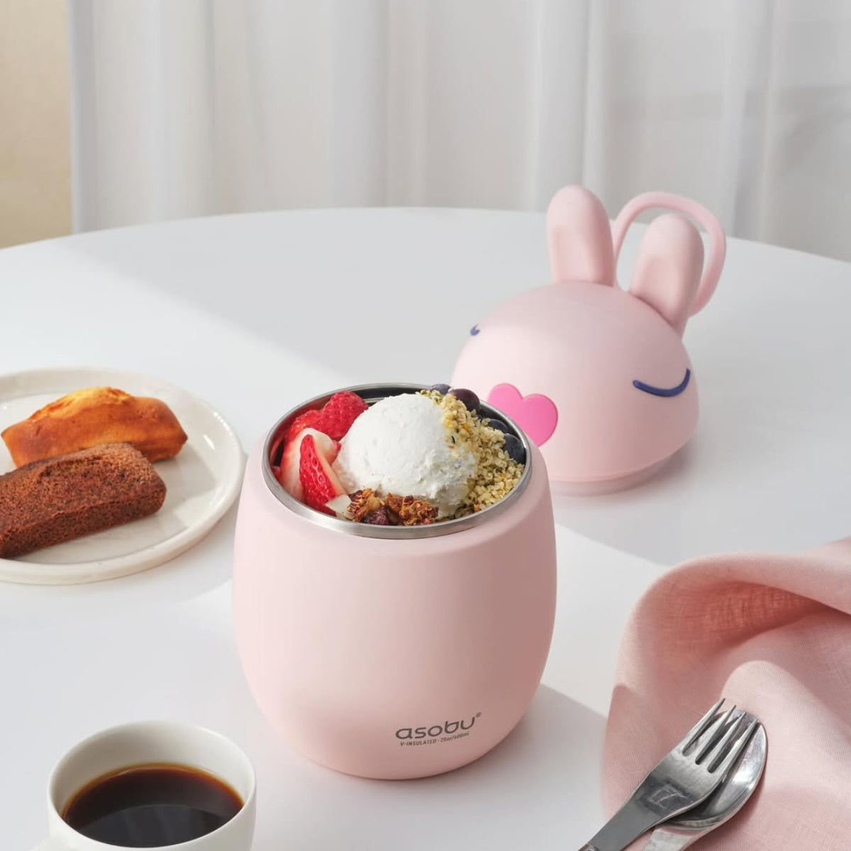 Asobu Bestie Foodie Bunny- termos obiadowy dla dzieci, 600 ml, stal nierdzewna, ergonomiczny kształt, odporny na zarysowania, zabawny kształt królika, kolor: różowy
