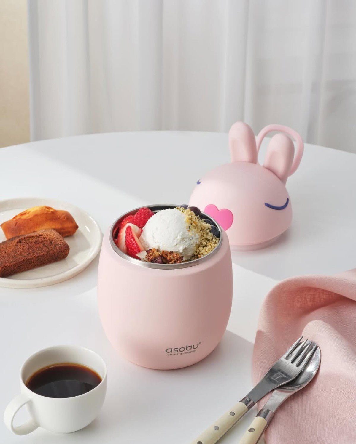 Asobu Bestie Foodie Bunny- termos obiadowy dla dzieci, 600 ml, stal nierdzewna, ergonomiczny kształt, odporny na zarysowania, zabawny kształt królika, kolor: różowy