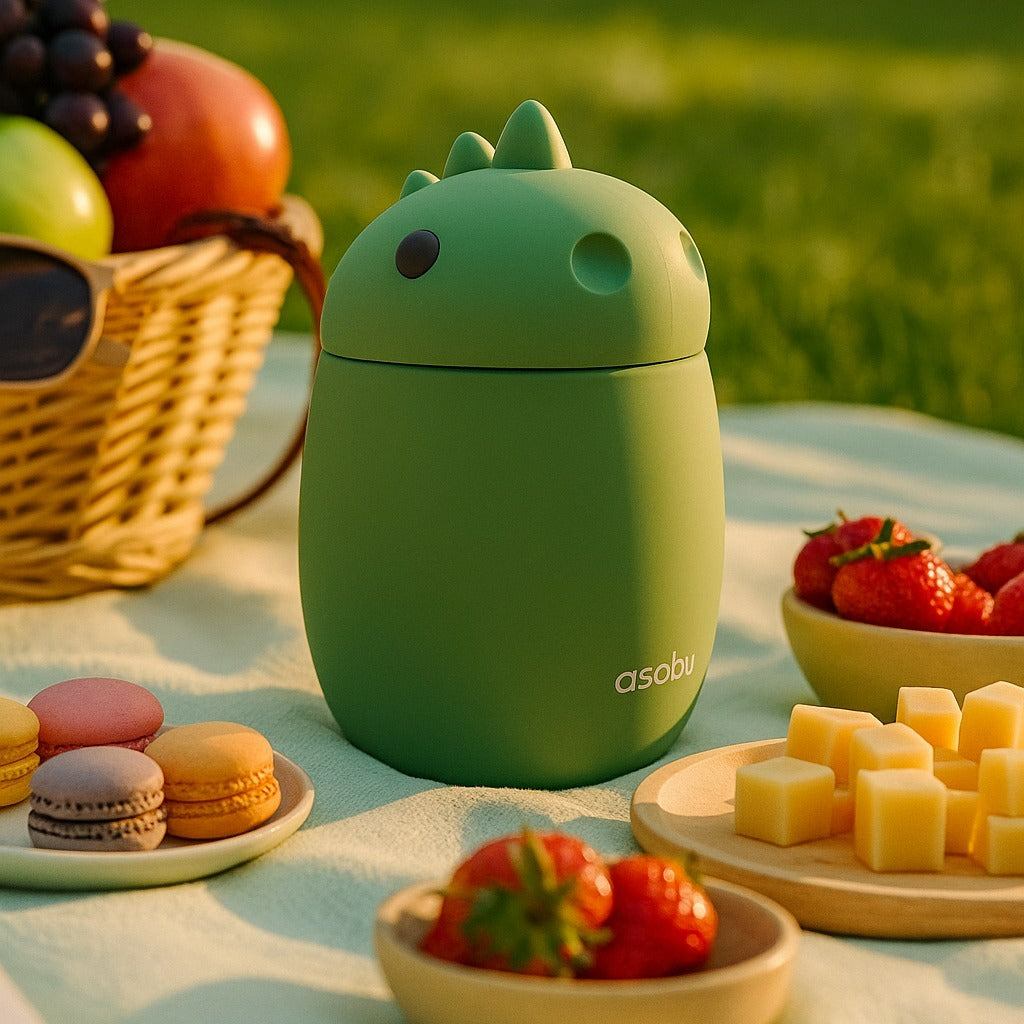 Asobu Bestie Foodie Dinosaur- termos obiadowy dla dzieci, 600 ml, stal nierdzewna, ergonomiczny kształt, odporny na zarysowania, zabawny kształt dinozaura, kolor: zielony