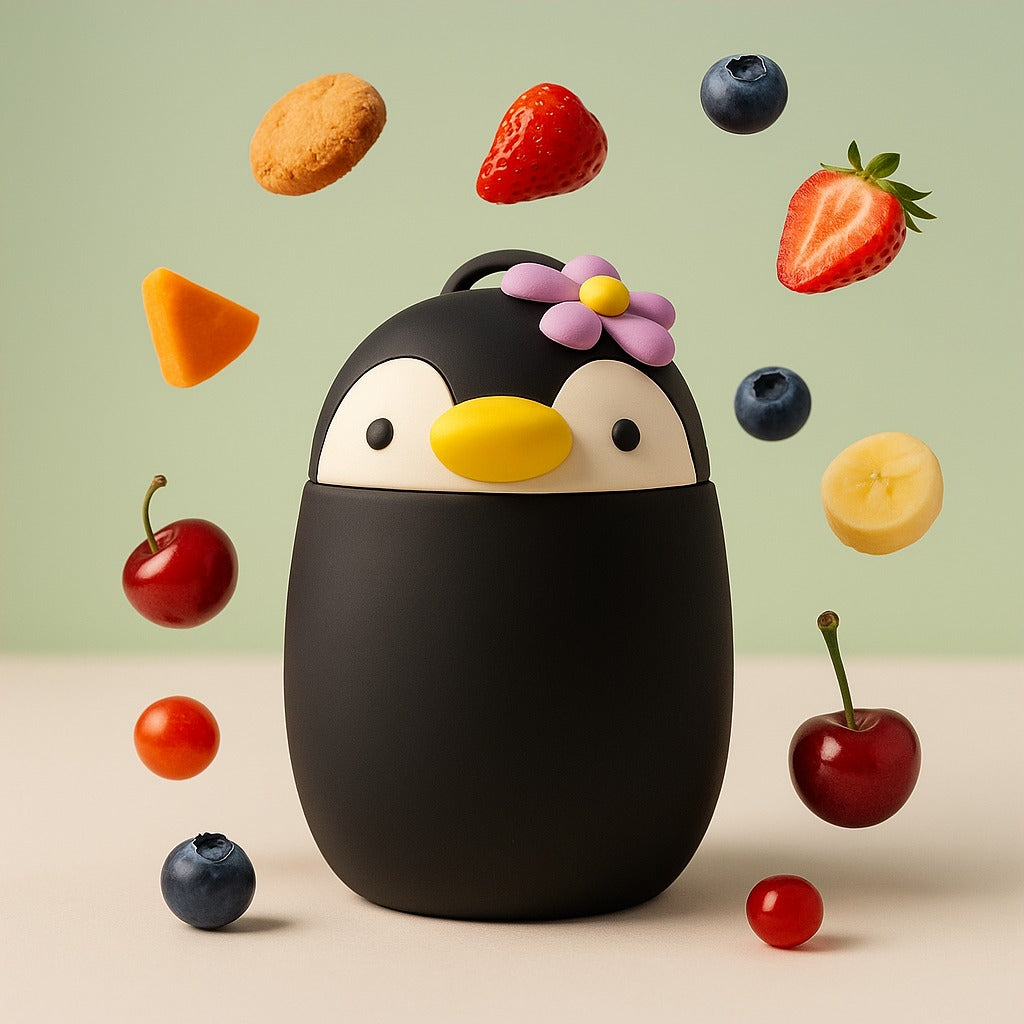 Asobu Bestie Foodie Penguin - termos obiadowy dla dzieci, 600 ml, stal nierdzewna, ergonomiczny kształt, odporny na zarysowania, zabawny kształt pingwina, kolor: biało-czarny