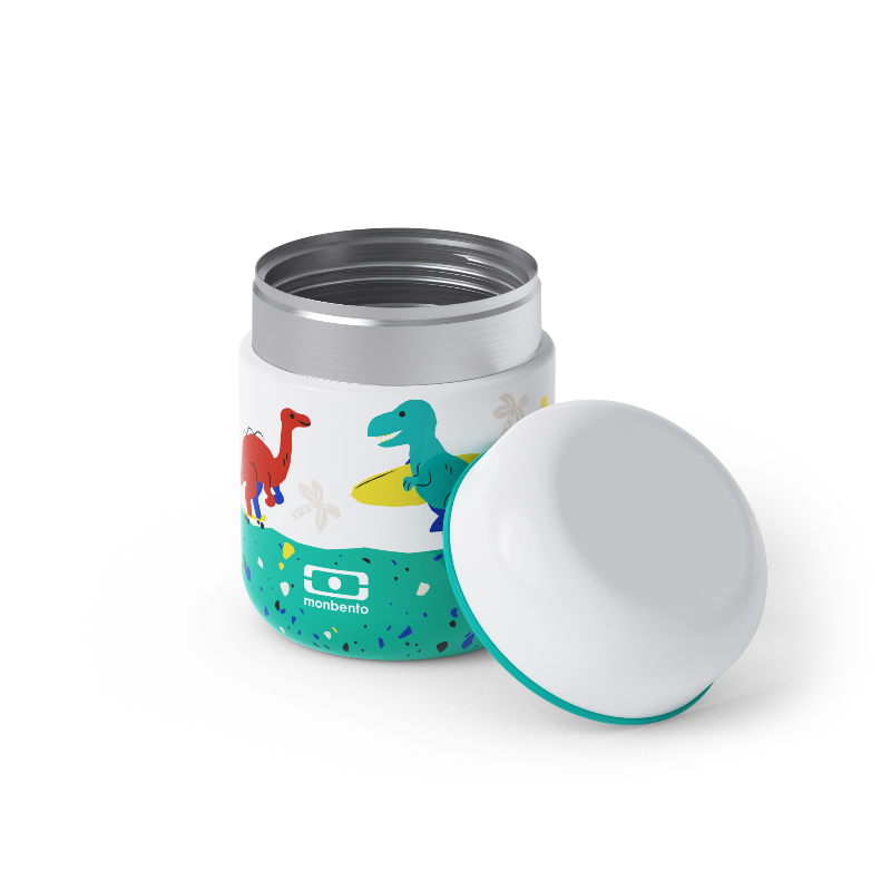 Monbento Capsule Dino – termos dla dzieci 280 ml. Utrzymuje ciepło do 5 h, 100% szczelny i lekki. Idealny na zupę, owsiankę czy makaron w podróży, wzór: dinozaury