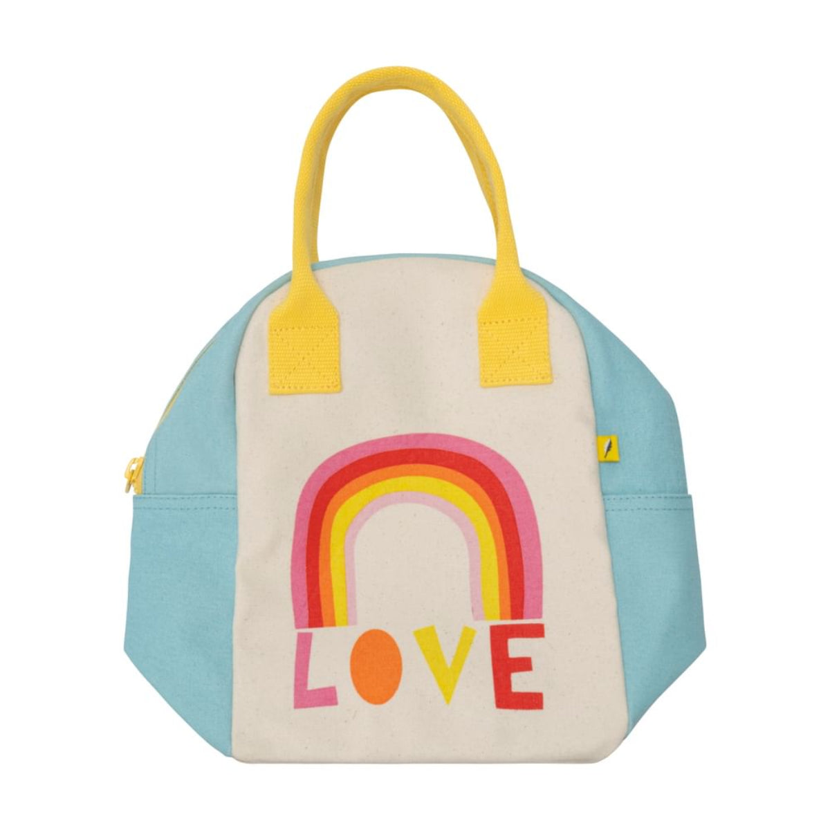 Torba termiczna na lunch Love – ekologiczna, pojemna, z bawełny organicznej i RPET, wodoodporna i lekka, kolor: niebieska/tęcza