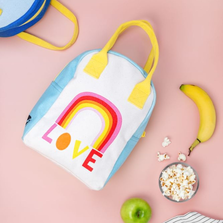 Torba termiczna na lunch Love – ekologiczna, pojemna, z bawełny organicznej i RPET, wodoodporna i lekka, kolor: niebieska/tęcza