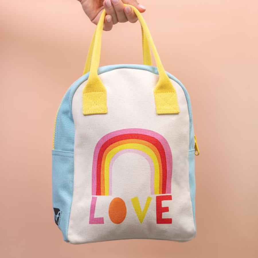 Torba termiczna na lunch Love – ekologiczna, pojemna, z bawełny organicznej i RPET, wodoodporna i lekka, kolor: niebieska/tęcza