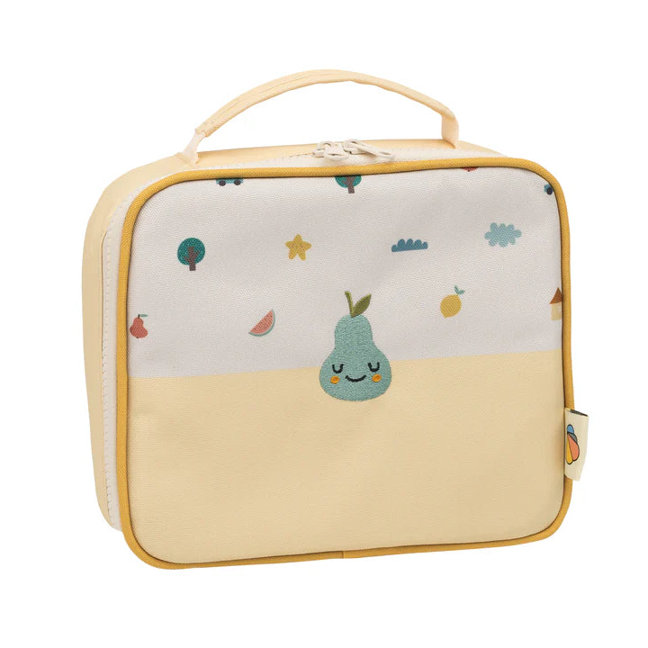 Torba termiczna The Cotton Cloud Tiny Bits z motywem gruszki i owoców, utrzymuje temperaturę posiłków przez kilka godzin.