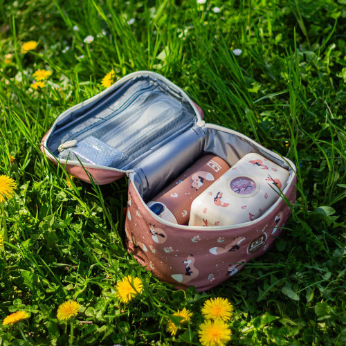 Torba termiczna Monbento Frosty Cinnamon Fox – 5L pojemności, izolacja, łatwe otwieranie, z kieszonką. Na lunch, bidon i przekąski, wzór: lisy