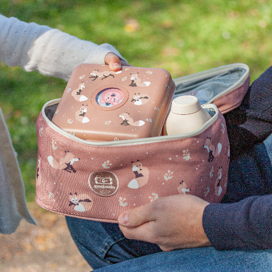 Torba termiczna Monbento Frosty Cinnamon Fox – 5L pojemności, izolacja, łatwe otwieranie, z kieszonką. Na lunch, bidon i przekąski, wzór: lisy