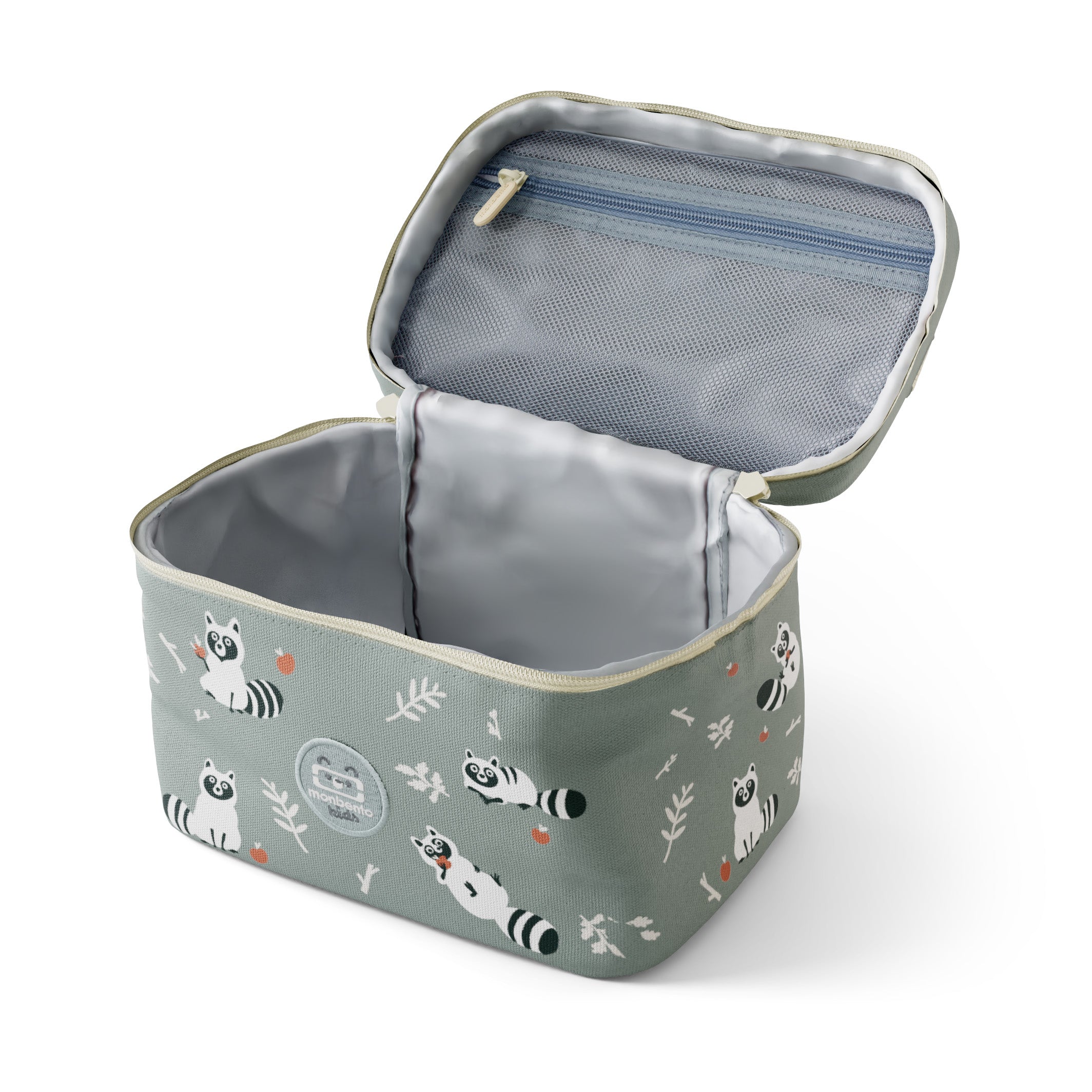 Torba termiczna Monbento Frosty Racoon  – 5L pojemności, izolacja, łatwe otwieranie, z kieszonką. Na lunch, bidon i przekąski, wzór: szopy