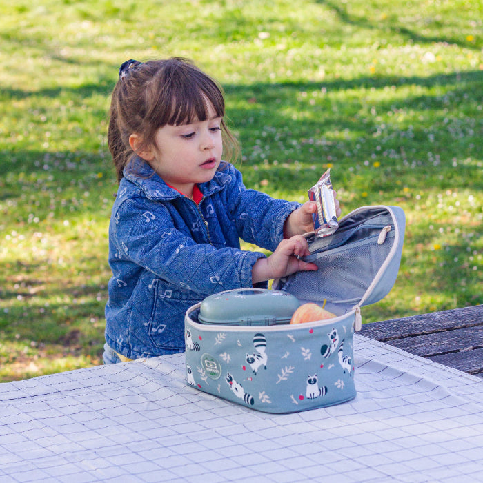 Torba termiczna Monbento Frosty Racoon  – 5L pojemności, izolacja, łatwe otwieranie, z kieszonką. Na lunch, bidon i przekąski, wzór: szopy