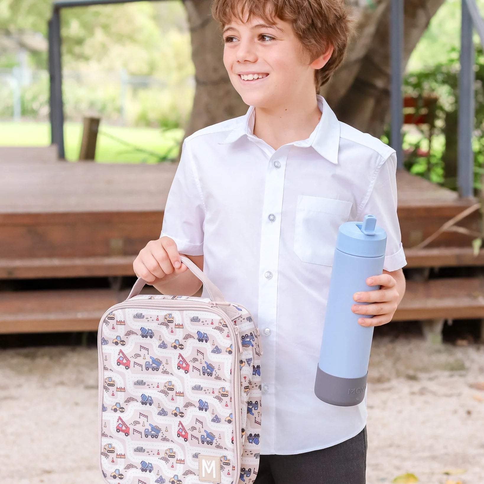 Torba termiczna MontiiCo Construction L – dwie komory, wkład chłodzący, wodoodporna i trwała, wzór: pojazdy