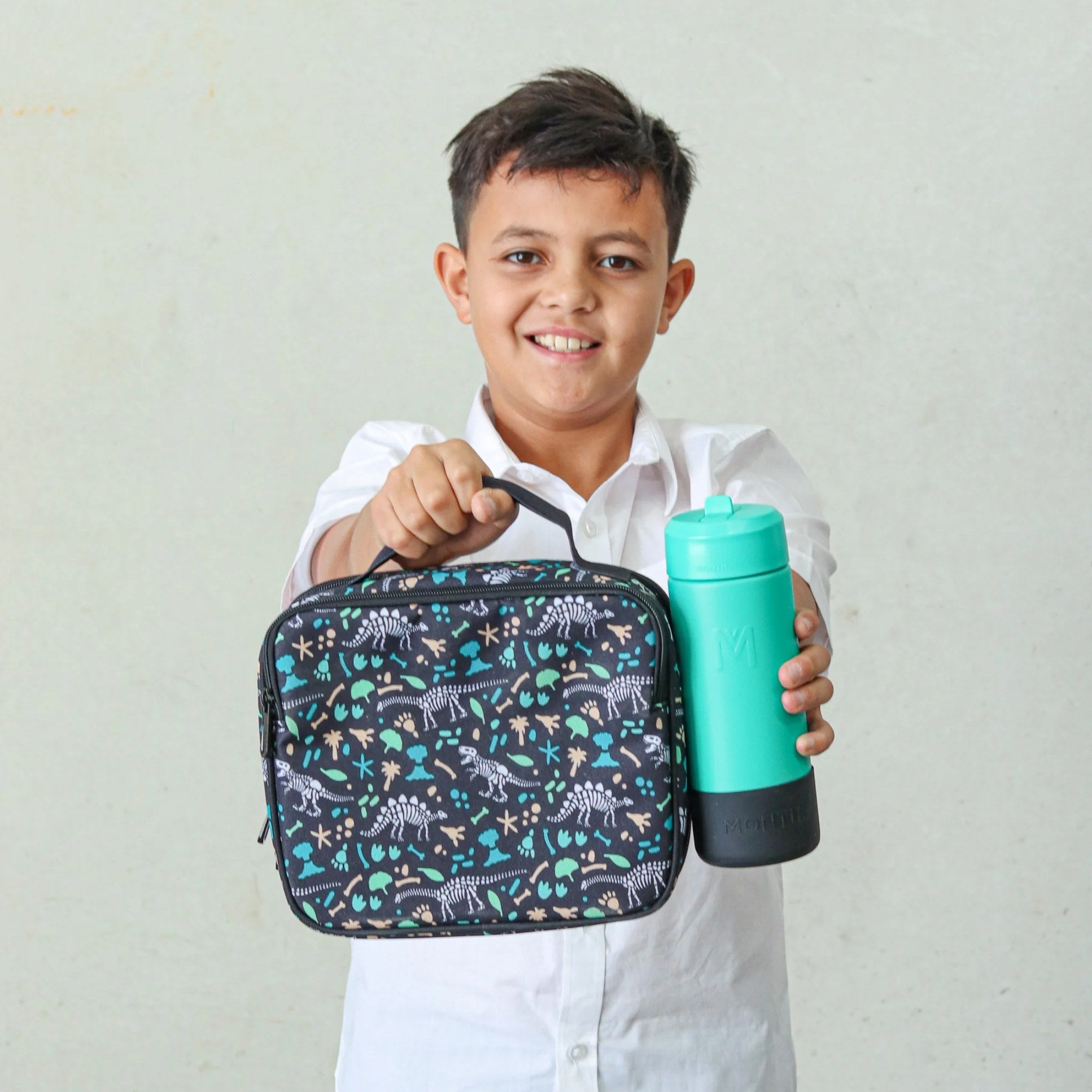 Torba termiczna MontiiCo Dinosaur M – dwie komory, wkład chłodzący, wodoodporna i trwała, wzór: dinozaury